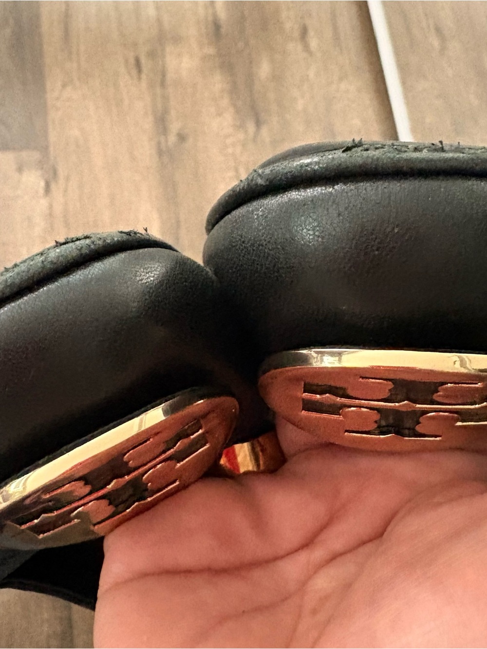 Tory Burch Black Leather Flats with Gold Logo Medallions - Picture 10 of 10